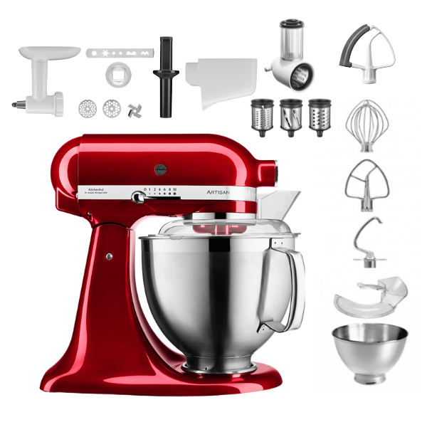 KitchenAid 4,8 L 5KSM185 Artisan Küchenmaschine Profiset Fleischwolf+Spritzgebäck+Gemüseschneider+Pürie